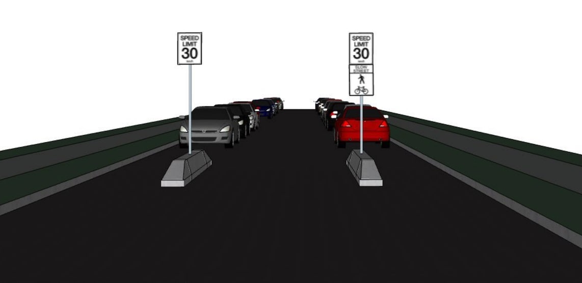 Медленные улицы в Ванкувере и бетонные ограничители для сужения полосы