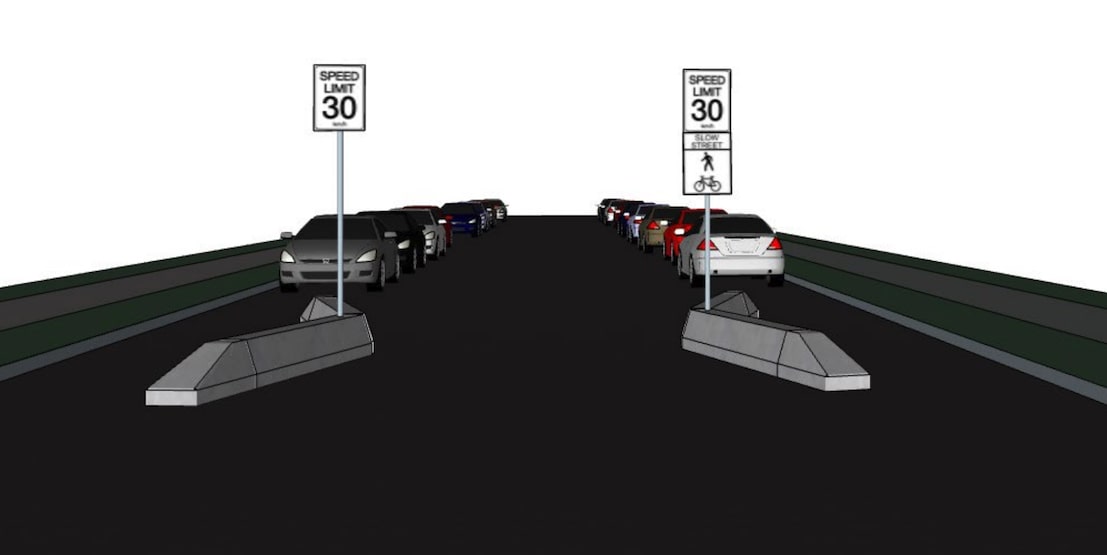 Медленные улицы в Ванкувере и бетонные ограничители для сужения полосы