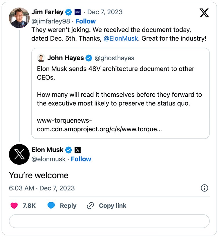 Tesla разослала проект 48-вольтовой системы Cybertruck всем автопроизводителям, чтобы вся отрасль могла быстрее перейти с 12 В на 48 В