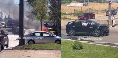 Машина такси на улице Гаспадарчей в Гродно загорелась в результате ДТП с электромобилем