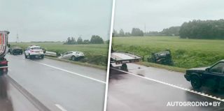 На трассе М6 сразу 3 автомобиля оказались в кювете друг возле друга. 2 перевернулись на крышу