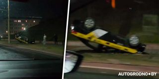 Автомобиль такси лег на крышу в центре Гродно. Официальный комментарий